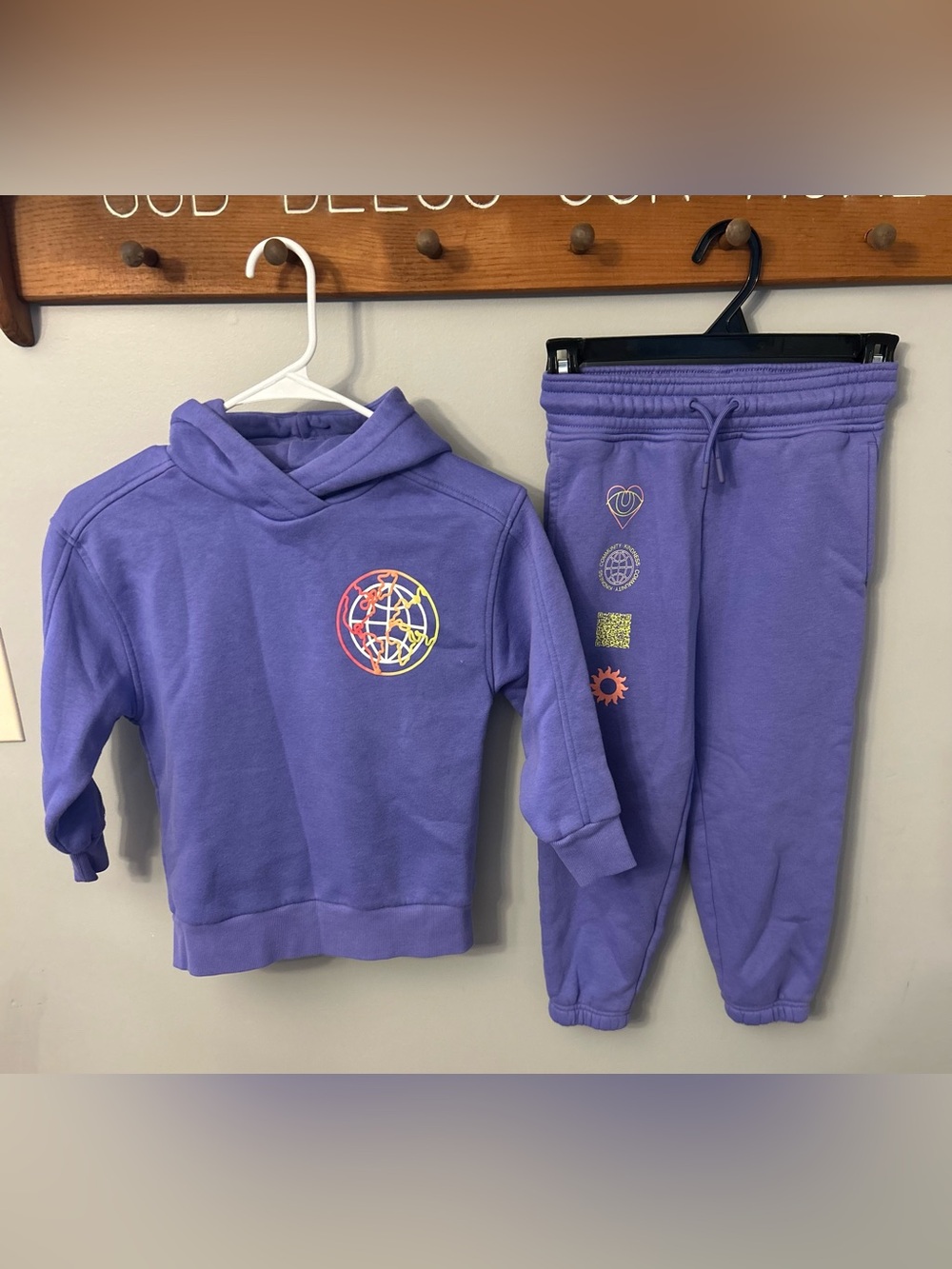 Amazon Purple Graphic Hoodie & Joggers Set with Multicolor Globe Print